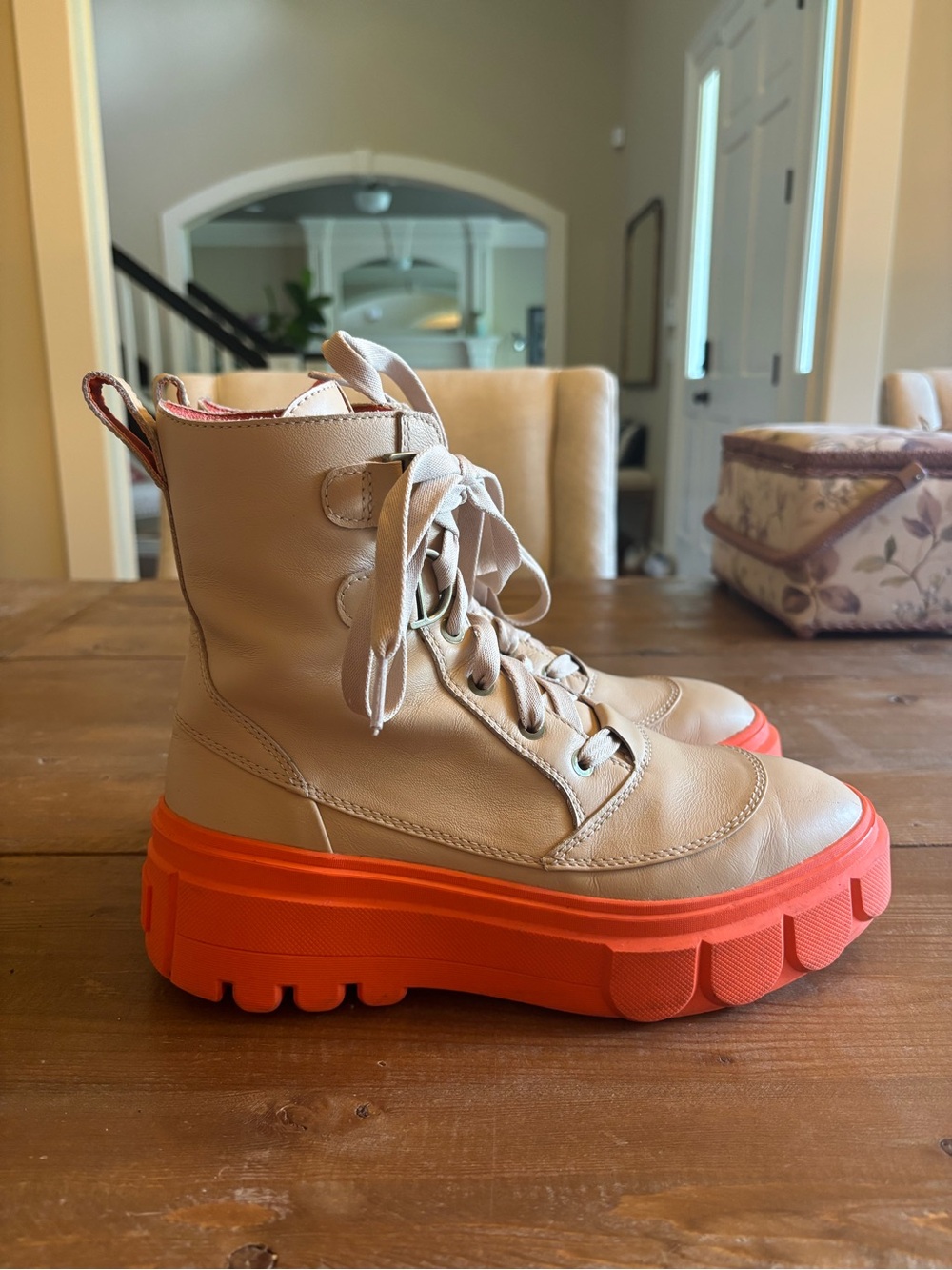 Sorel Lace-Up Platform Boots in Cream and Bright Orange - Picture 5 of 6